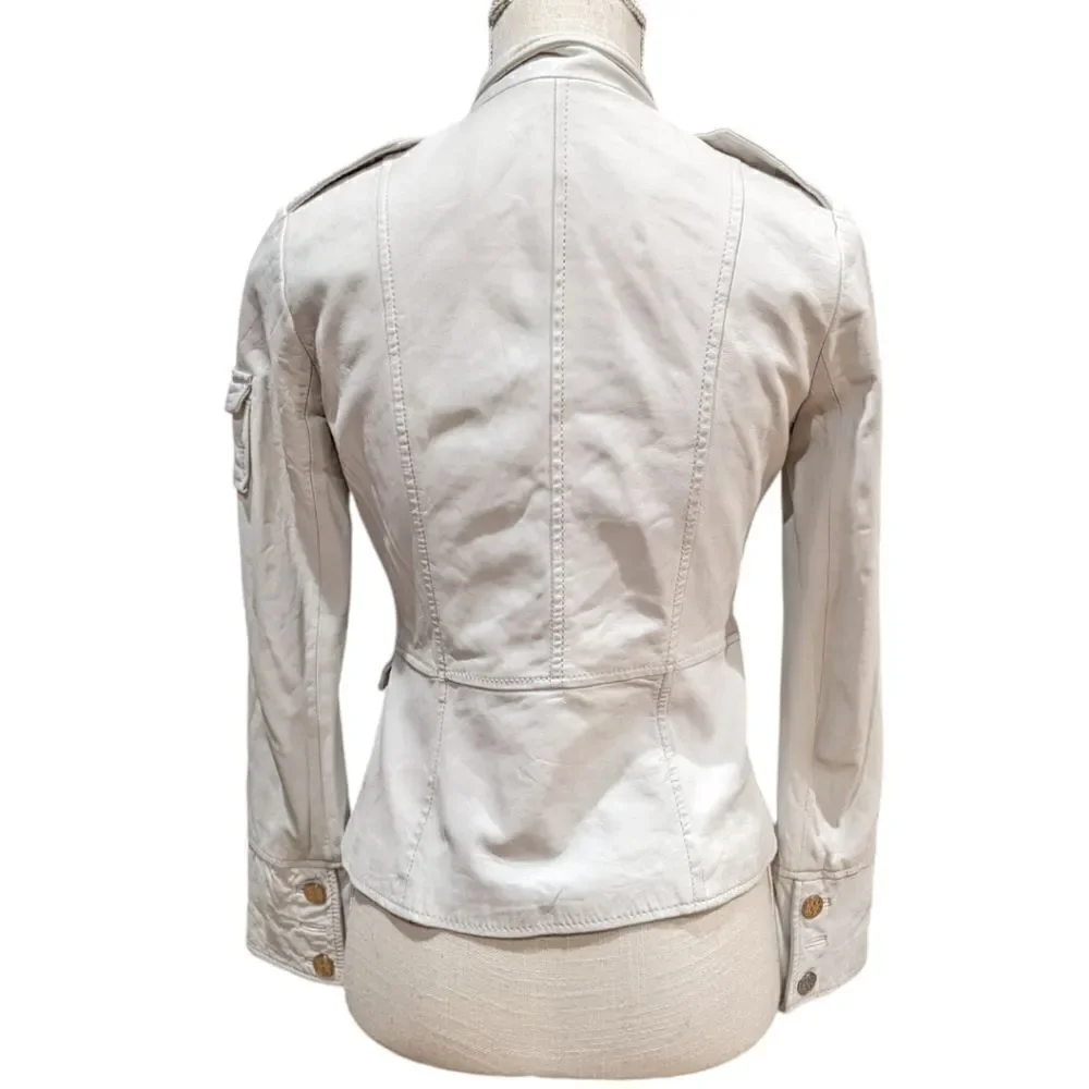 Tory Burch Women's Genuine Leather Utility Military Jacket in White Size 2